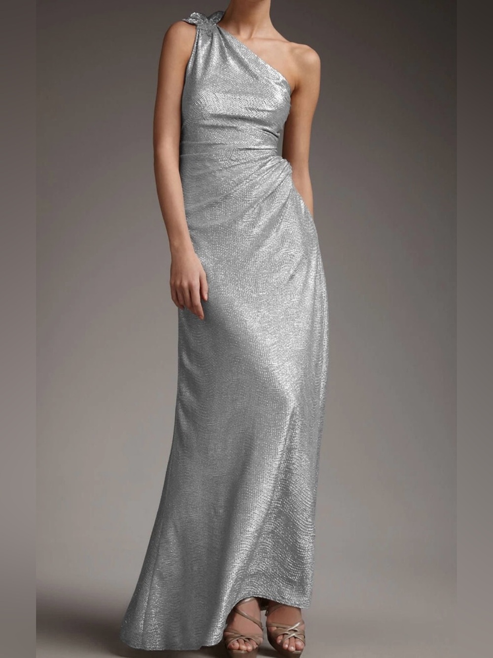 David Meister One Shoulder Metallic Gown